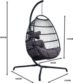 Merkloos Hangstoel Norway - Zwart Wicker & Touw Luxe Egg Hangstoel Met Dikke Antraciete Kussens Met Frame - Inklapbare Basket -Buitentuin Winkel 1050x1200
