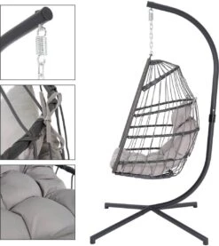 Pro Garden Lowander Hangstoel Egg 191x126x126- Schommelstoel Met Rattan Cocoon En Robuust Stalen Standaard Incl. Kussens - Volledig Inklapbaar - Lichtgrijs -Buitentuin Winkel 1069x1200