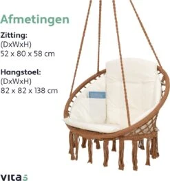Vita5 Macramé Hangstoel - Voor Binnen En Buiten - Zonder Standaard - Incl. Kussen, Boekenvak En Beschermhoes - Tot 150kg - Bruin/Beige -Buitentuin Winkel 1125x1200