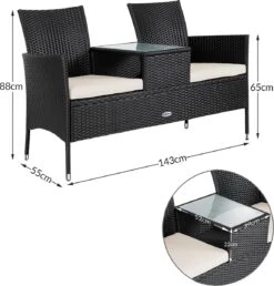Casaria Polyrattan Tuinbank - Incl. Kussen - 143x55x88 Cm Zwart -Buitentuin Winkel 1150x1200 2