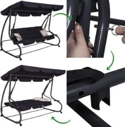 Springos Schommelbank | Linda-Schommel | 3-zits | Waterafstotend | Inclusief 2 Kussens | Verstelbare Luifel | 162 X 200 X 120 Cm | Zwart -Buitentuin Winkel 1186x1200