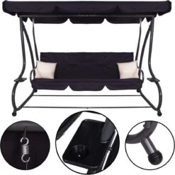 Springos Schommelbank | Linda-Schommel | 3-zits | Waterafstotend | Inclusief 2 Kussens | Verstelbare Luifel | 162 X 200 X 120 Cm | Zwart -Buitentuin Winkel 1194x1200 1