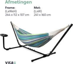 Vita5 Hangmat Met Standaard – 2 Persoons – Incl. Bekerhouder – 205kg Draaggewicht – Groen/Blauw -Buitentuin Winkel 1200x1063 1