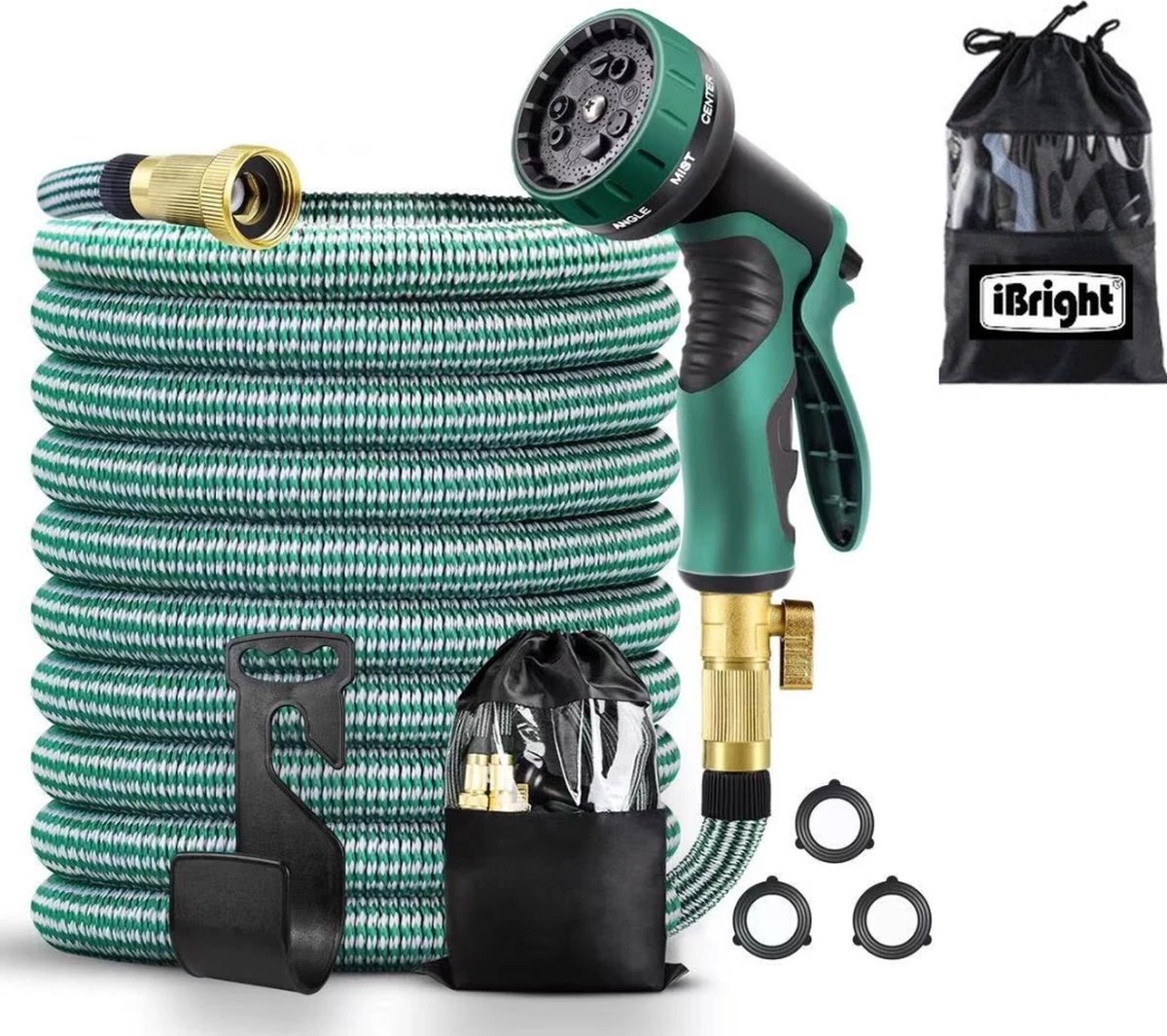 IBright Extra Sterke Uitrekbare Tuinslang - Flexibel - 15 Meter - Inclusief Opbergtas ,Sproeier ,Koppelstuk En Ophanghaak - Groen 3 IBright Extra Sterke Uitrekbare Tuinslang - Flexibel - 15 Meter - Inclusief Opbergtas ,Sproeier ,Koppelstuk En Ophanghaak - Groen