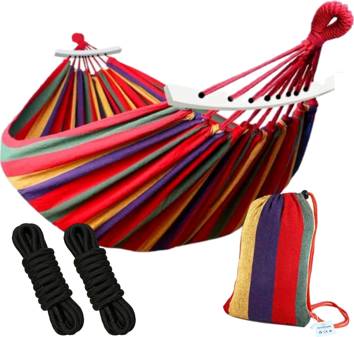 Dubbele Hangmat Rood Met Spreidstok - 1 Of 2 Persoons - Lig Oppervlak 190x150cm - Lengte 260cm