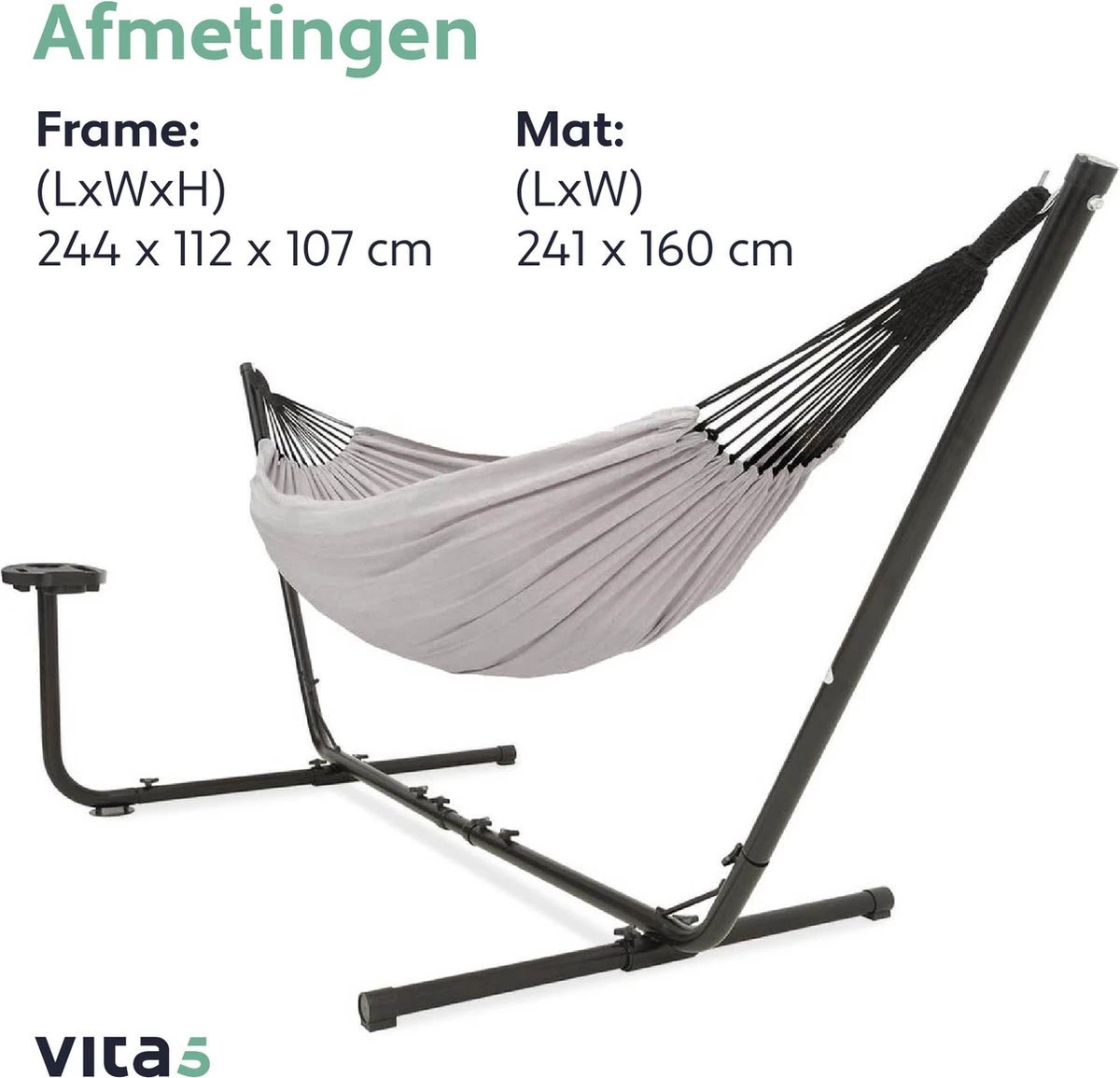 Vita5 Hangmat Met Standaard – 2 Persoons – Incl. Bekerhouder – 205kg Draaggewicht – Grijs 9 Vita5 Hangmat Met Standaard – 2 Persoons – Incl. Bekerhouder – 205kg Draaggewicht – Grijs - Afbeelding 8