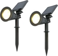 2x HOFTRONIC Bend - Solar Tuinspot - Zwart - IP65 Waterdicht - Prikspot - 2 Lichtstanden - Tot 9 Uur Brandtijd - Kantelbaar Monokristal Zonnepaneel - 3000K Warm Wit (sfeervol) - Solar Tuinverlichting Zonne Energie