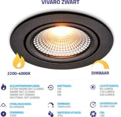 Ledisons LED Inbouwspots Zwart Met Driver - Dimbaar Kantelbaar IP54 3W 2700K Warm Wit Licht 240V 60 Stralingshoek >90 CRI Traploos Dimmen - Vivaro Zwart - Slechts 23MM Inbouwdiepte! 5 Jaar Garantie Energieverbruik: A++ -Buitentuin Winkel 1200x1160 10