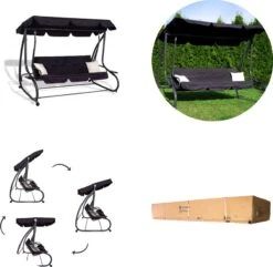 Springos Schommelbank | Linda-Schommel | 3-zits | Waterafstotend | Inclusief 2 Kussens | Verstelbare Luifel | 162 X 200 X 120 Cm | Zwart -Buitentuin Winkel 1200x1171 1