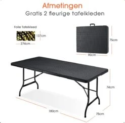 Lenx Klaptafel - Inklapbare Tafel - Opvouwbare Tuintafel - Vouwtafel - Inclusief Handvat En 2 Tafelkleden - 180x75x74cm - 6 Tot 8 Personen -Buitentuin Winkel 1200x1179 1