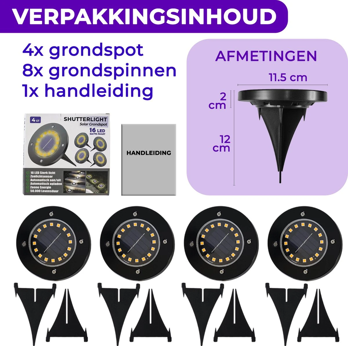 Shutterlight® 16 LED Solar Grondspot - Tuinverlichting - Zonlichtsensor - Zonne-energie - Matte Zwart - Warm Wit Licht - 4 Stuks - Buiten 9 Shutterlight® 16 LED Solar Grondspot - Tuinverlichting - Zonlichtsensor - Zonne-energie - Matte Zwart - Warm Wit Licht - 4 Stuks - Buiten - Afbeelding 7