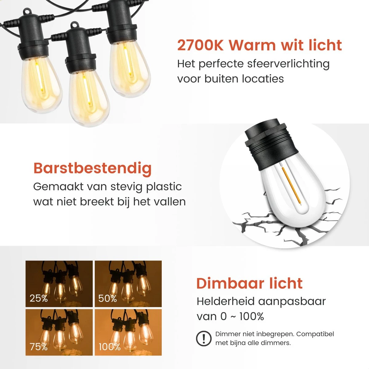 Partizzle 15m LED Lichtsnoer Voor Buiten - Tuinverlichting - Lampjes Slinger - Lichtslinger - 2700K / Waterdicht 7 Partizzle 15m LED Lichtsnoer Voor Buiten - Tuinverlichting - Lampjes Slinger - Lichtslinger - 2700K / Waterdicht - Afbeelding 5