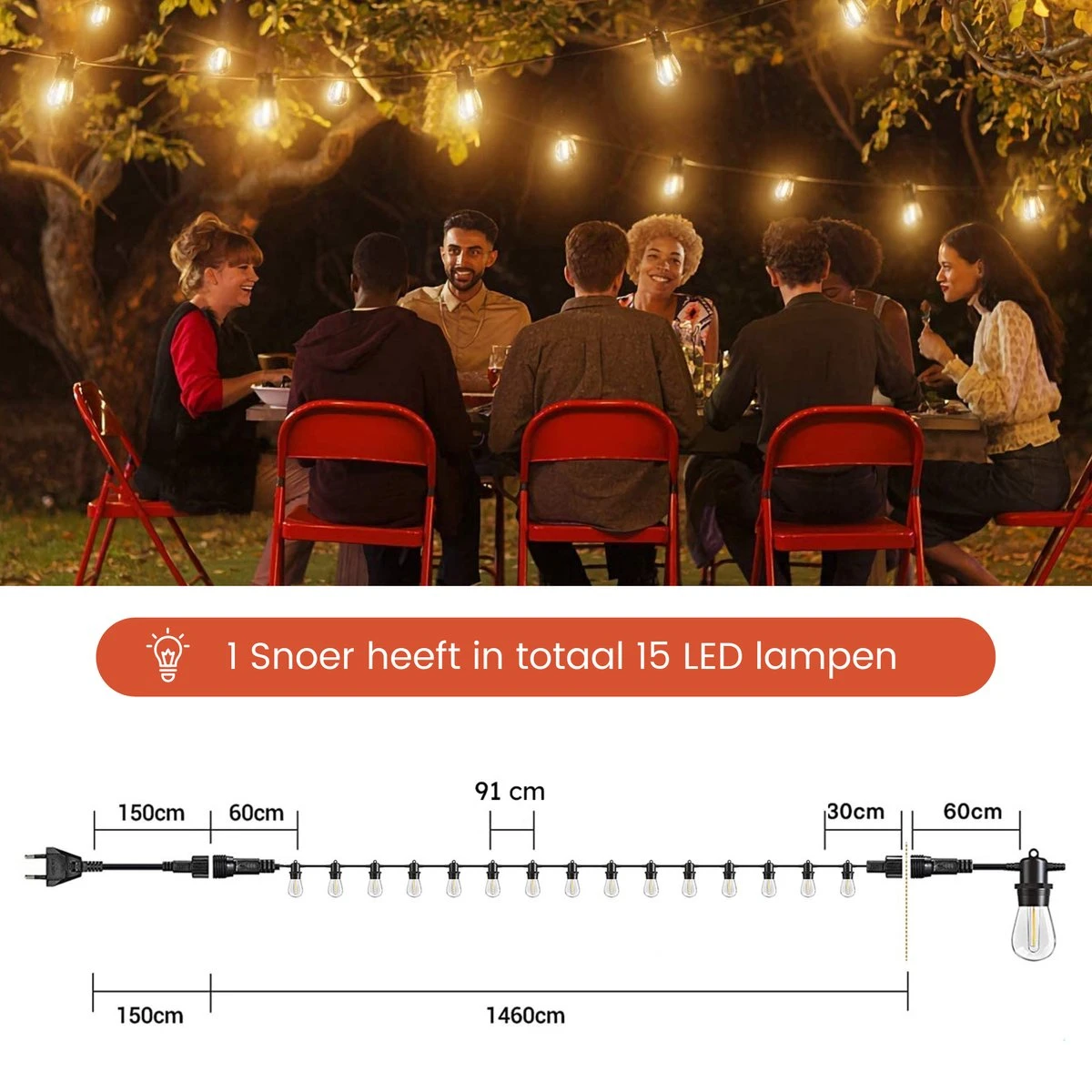 Partizzle 15m LED Lichtsnoer Voor Buiten - Tuinverlichting - Lampjes Slinger - Lichtslinger - 2700K / Waterdicht 11 Partizzle 15m LED Lichtsnoer Voor Buiten - Tuinverlichting - Lampjes Slinger - Lichtslinger - 2700K / Waterdicht - Afbeelding 9
