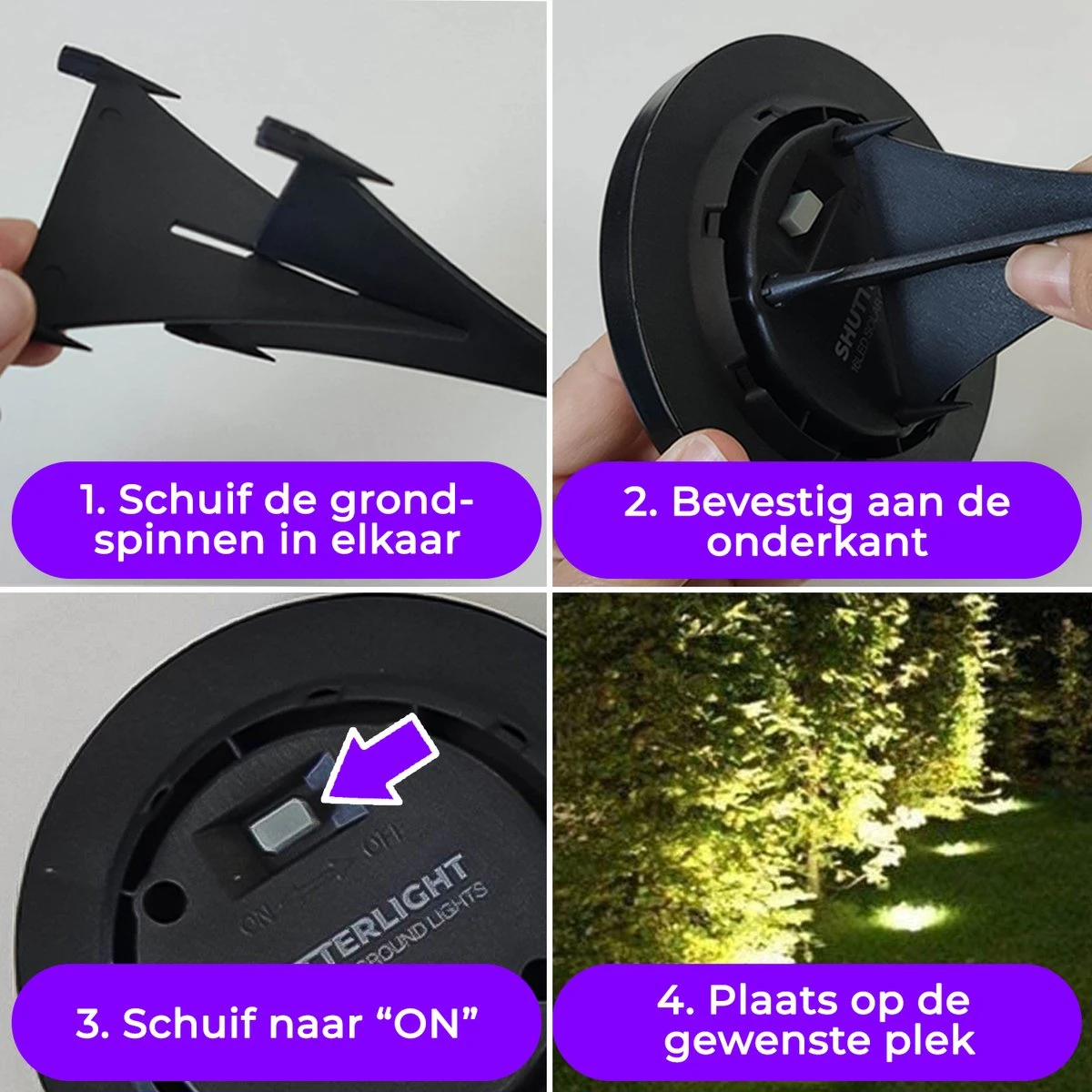 Shutterlight® 16 LED Solar Grondspot - Tuinverlichting - Zonlichtsensor - Zonne-energie - Matte Zwart - Warm Wit Licht - 4 Stuks - Buiten 10 Shutterlight® 16 LED Solar Grondspot - Tuinverlichting - Zonlichtsensor - Zonne-energie - Matte Zwart - Warm Wit Licht - 4 Stuks - Buiten - Afbeelding 8