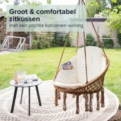 Vita5 Macramé Hangstoel - Voor Binnen En Buiten - Zonder Standaard - Incl. Kussen, Boekenvak En Beschermhoes - Tot 150kg - Bruin/Beige -Buitentuin Winkel 1200x1200 323