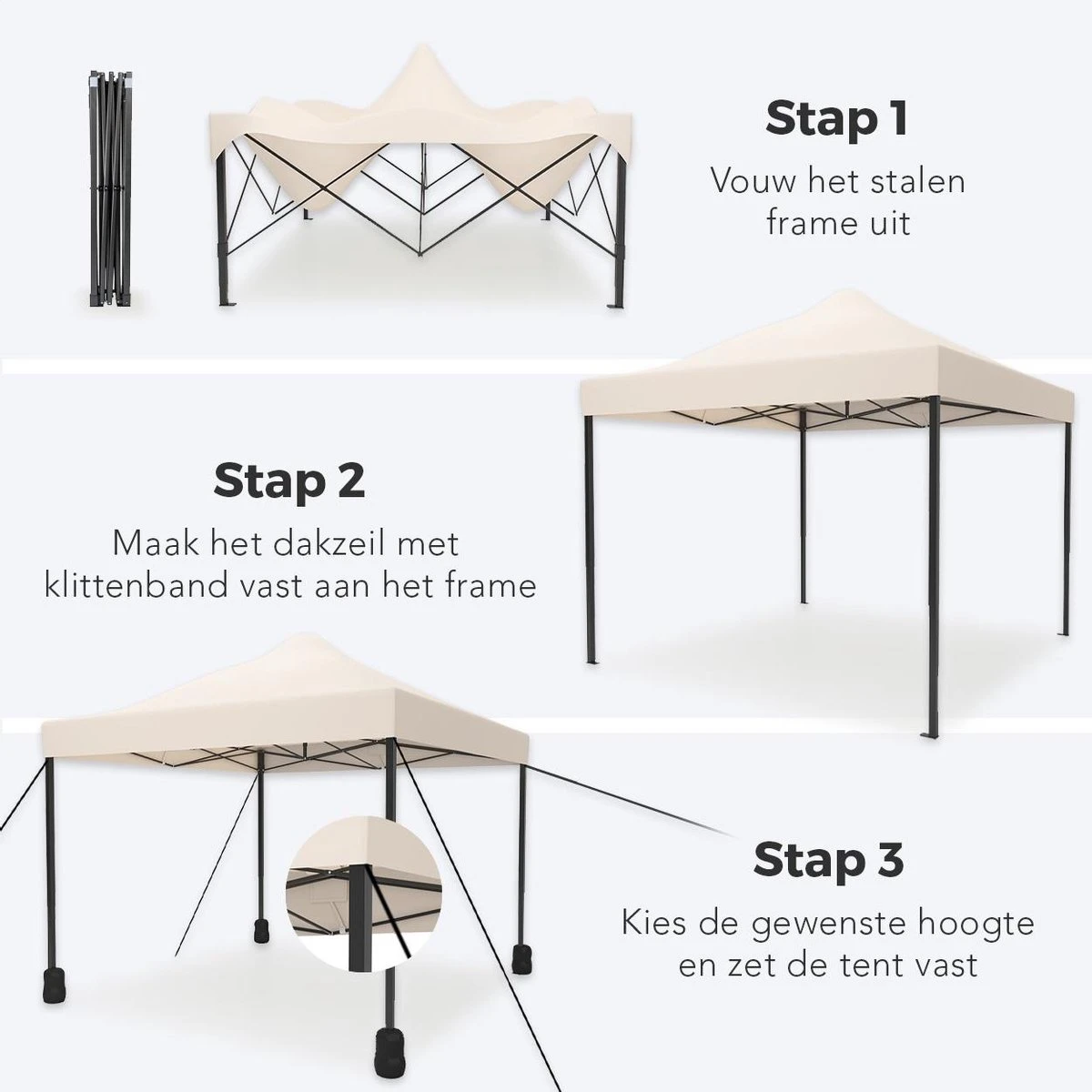 LifeGoods Partytent - 3x3 M - Easy Up - Opvouwbaar - Waterdicht - Draagtas Met Wieltjes - Beige 7 LifeGoods Partytent - 3x3 M - Easy Up - Opvouwbaar - Waterdicht - Draagtas Met Wieltjes - Beige - Afbeelding 5