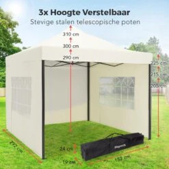 LifeGoods Partytent - 3x3 M - Zijwanden - Easy Up - Opvouwbaar - Waterdicht - Draagtas Met Wieltjes - Beige -Buitentuin Winkel 1200x1200 643