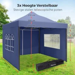 LifeGoods Partytent - 3x3 M - Zijwanden - Easy Up - Opvouwbaar - Waterdicht - Draagtas Met Wieltjes - Donkerblauw -Buitentuin Winkel 1200x1200 685