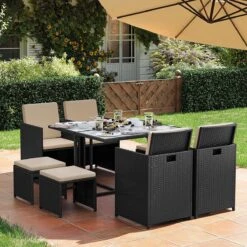 Tuinmeubelset - Tuinset 4 6 8 Persoons - Eettafel En Stoelen - Set Van 9 - Terras - Tuintafel - Salontafel Met Glazen Oppervlak - Zwart Beige -Buitentuin Winkel 1200x1200 766