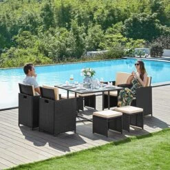 Tuinmeubelset - Tuinset 4 6 8 Persoons - Eettafel En Stoelen - Set Van 9 - Terras - Tuintafel - Salontafel Met Glazen Oppervlak - Zwart Beige -Buitentuin Winkel 1200x1200 769