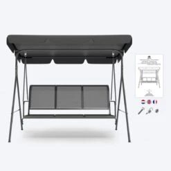 LifeGoods Schommelbank - 3-zits - Tot 250KG - Kantelbaar Dak - UV-bestendig Zonnescherm - 172x104x162cm - Grijs -Buitentuin Winkel 1200x1200 77