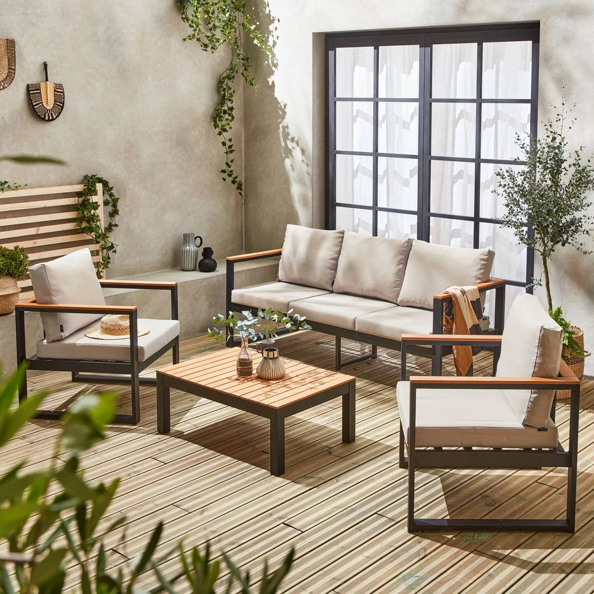 Loungeset 5 Plaatsen Van Aluminium En Eucalyptus – NAZCA – Antraciet Structuur, Lichtgrijs Kussens 4 Loungeset 5 Plaatsen Van Aluminium En Eucalyptus – NAZCA – Antraciet Structuur, Lichtgrijs Kussens - Afbeelding 2