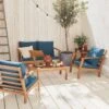 Houten Loungeset 4 Plaatsen - Ushuaïa - Donker Turquoise Kussens, Bank, Fauteuils En Lage Tafel Van Acacia, Design -Buitentuin Winkel 1200x1200 850