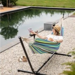 Vita5 Hangmat Met Standaard – 2 Persoons – Incl. Bekerhouder – 205kg Draaggewicht – Groen/Blauw -Buitentuin Winkel 1200x1200 983