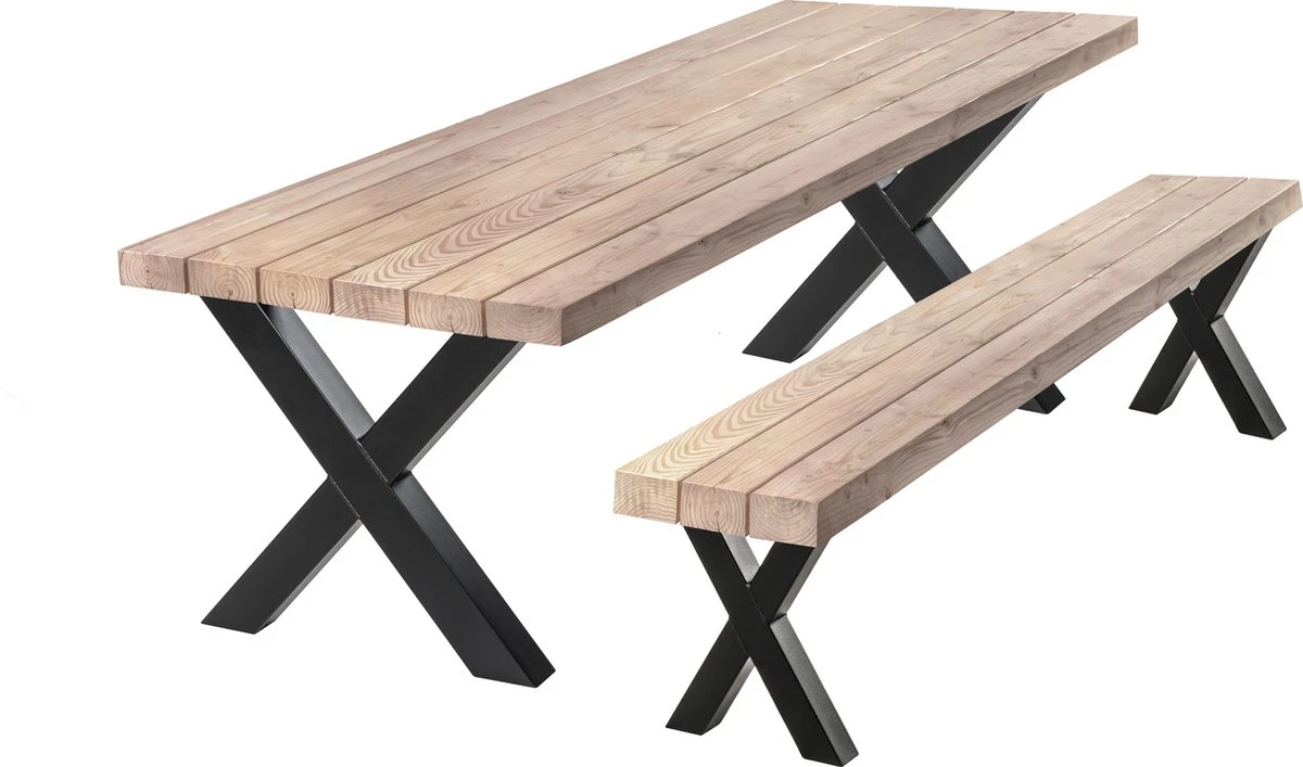Douglas Tuinset - Tuintafel 220 X 90 + Tuinbankje - Stalen X Poten + Tijdelijk Gratis Onderhoudspakket - Inclusief Montage 3 Douglas Tuinset - Tuintafel 220 X 90 + Tuinbankje - Stalen X Poten + Tijdelijk Gratis Onderhoudspakket - Inclusief Montage
