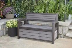 Keter - Hudson Bench Box - 2-zits Bank - Opbergbox - Hout Look & Feel - 227L - 138x63x89cm - Antraciet -Buitentuin Winkel 1200x800 62