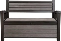 Keter - Hudson Bench Box - 2-zits Bank - Opbergbox - Hout Look & Feel - 227L - 138x63x89cm - Antraciet -Buitentuin Winkel 1200x822