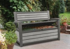 Keter - Hudson Bench Box - 2-zits Bank - Opbergbox - Hout Look & Feel - 227L - 138x63x89cm - Antraciet -Buitentuin Winkel 1200x832