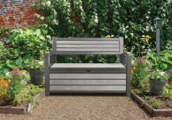 Keter - Hudson Bench Box - 2-zits Bank - Opbergbox - Hout Look & Feel - 227L - 138x63x89cm - Antraciet -Buitentuin Winkel 1200x841