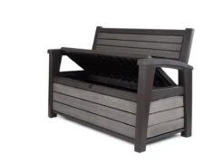 Keter - Hudson Bench Box - 2-zits Bank - Opbergbox - Hout Look & Feel - 227L - 138x63x89cm - Antraciet -Buitentuin Winkel 1200x873 1