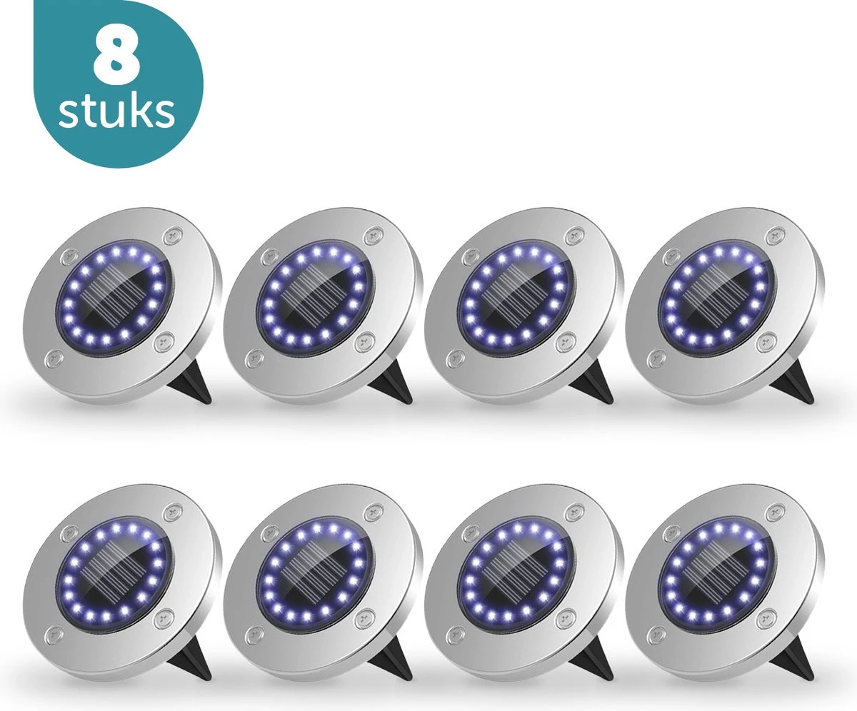 ForDig Solar Grondspots (8 Stuks) - RVS Grond Spots Op Zonne-energie Met 16 LED Spotjes - 10 Uur Buiten Verlichting In Tuin - IP65 Waterdicht - Tuinverlichting Lamp - Buitenverlichting Tuinlamp