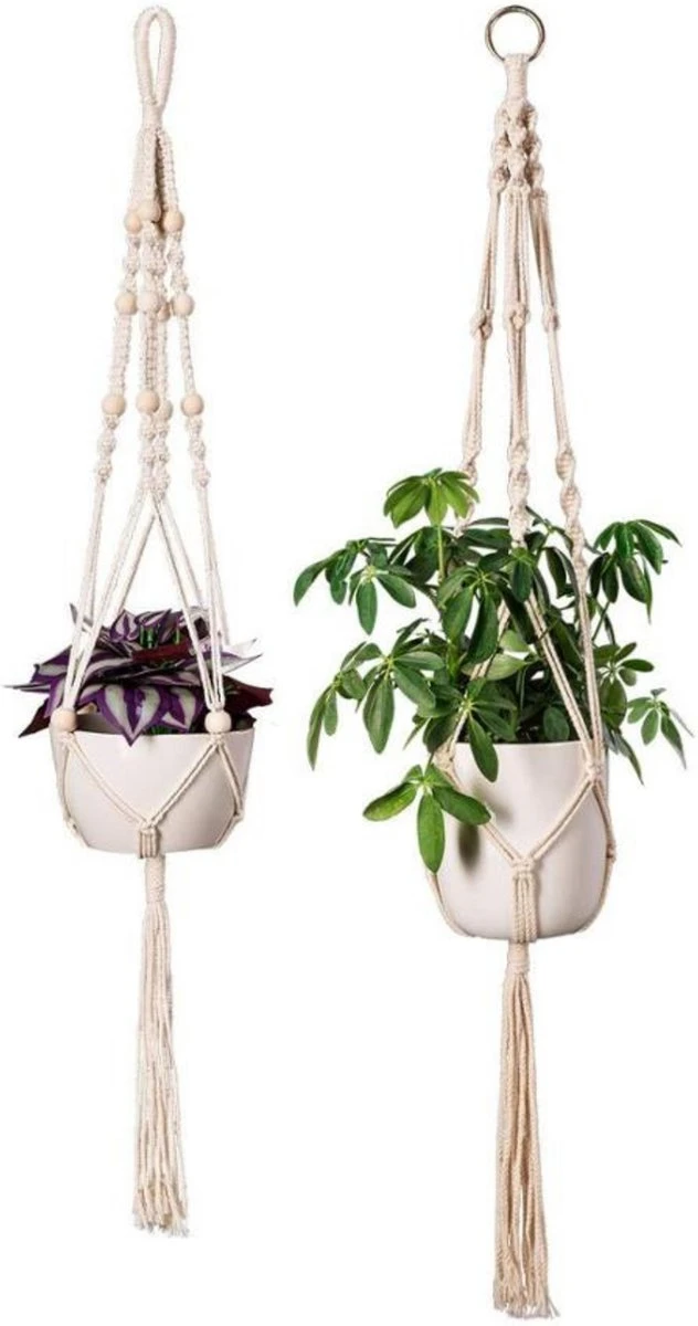 Plantenhanger - Plantenhanger Macrame - Set Van 2 - Wit - Knopen - Luxe Gevlochten Touw - Met Ophang Haken - Fienosa 3 Plantenhanger - Plantenhanger Macrame - Set Van 2 - Wit - Knopen - Luxe Gevlochten Touw - Met Ophang Haken - Fienosa